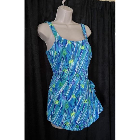Maxine Of Hollywood Blue Green Tropical Floral Front Skirted Swimsuit 18 READ - Picture 3 of 11